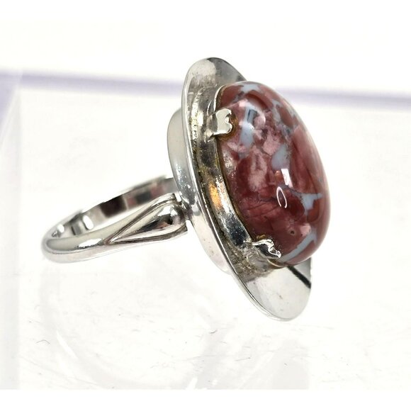 Sterling Silver Jasper Ring Cabachon Stone Hat Style Size 6.75 JJJ3779 - Picture 7 of 10